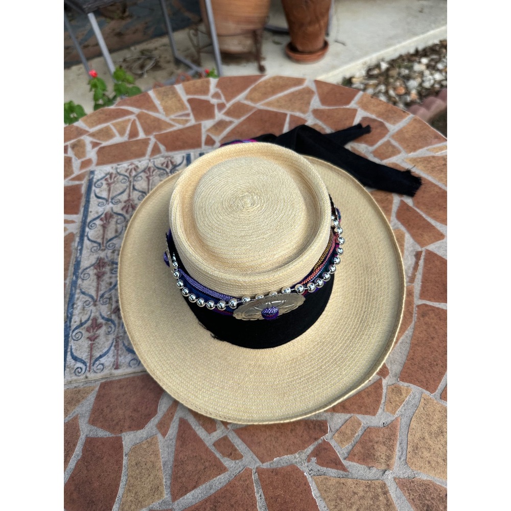 Handcrafted Guatemala Palm Leaf Bolero Hat Straw Concho Beaded Boater 6 3/4